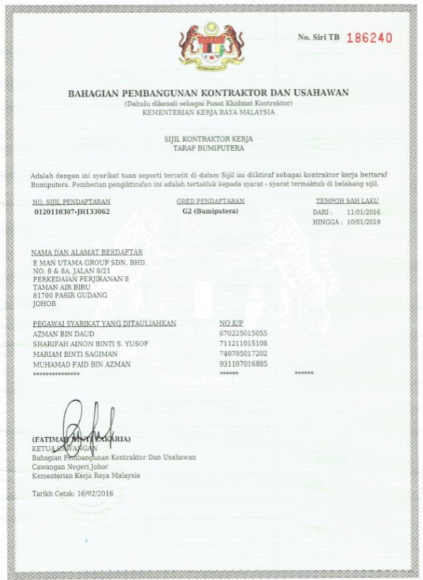 Kontraktor Kerja Taraf Bumiputera